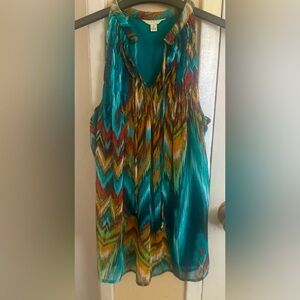ADIVA Sleeveless Smocked Top Grecian Roll Collar Teal Abstract Tribal …